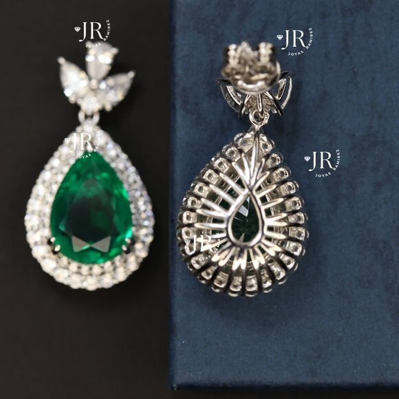 .925 Sterling Silver Teardrop Earrings with Emerald-Tone CZ and Clear CZ Halo. - Picture 4 of 6